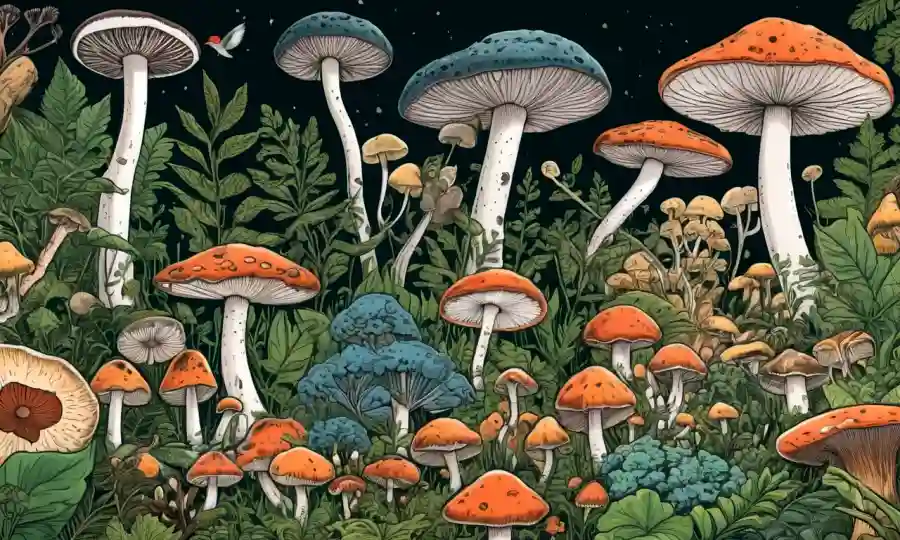Ilustraciones de varios hongos rodeados de iconos relacionados con la conservación y vegetación.