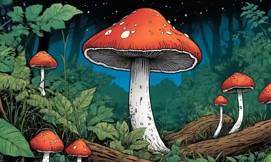 Un hongo ilustrado con una capción destacando la importancia de la reproducción sexual para su crecimiento y transmisión.
