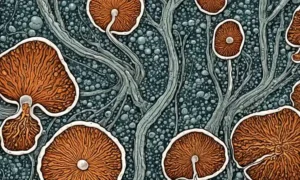 Estructuras reproductivas de hongos en una diapositiva microscópica o fondo.
