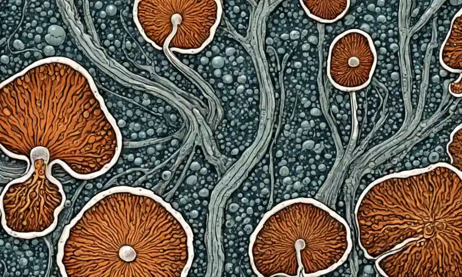 Estructuras reproductivas de hongos en una diapositiva microscópica o fondo.