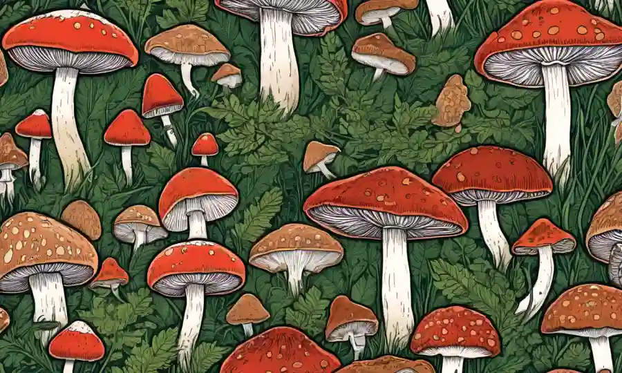 Varias especies de hongos representados con ilustraciones detalladas de sus estructuras reproductivas.