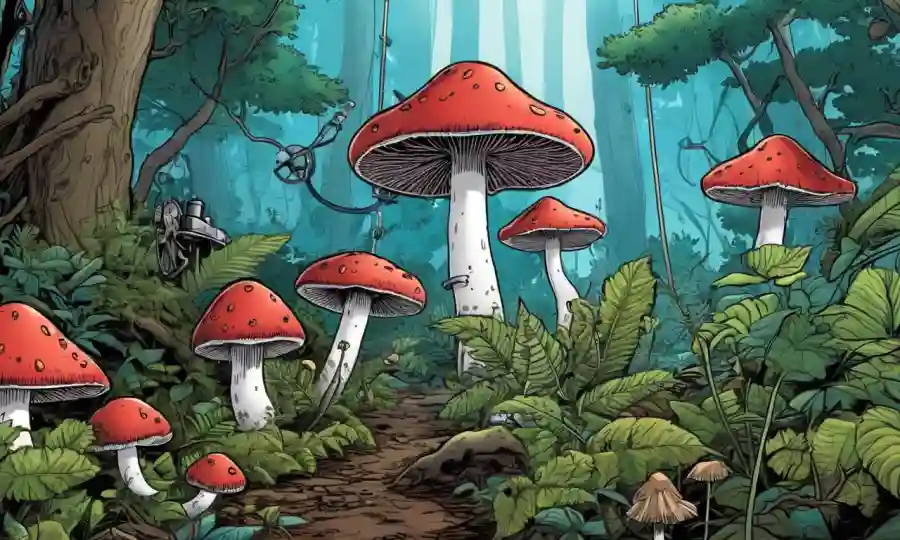 Setas creciendo entre plantas en un bosque