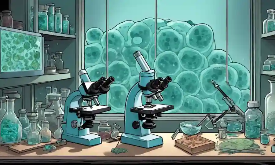 Microscopios y muestras fúngicas en un entorno de laboratorio científico.