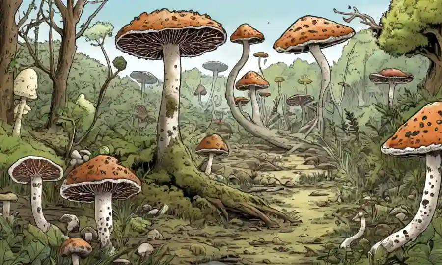 Imagen que muestra varios especímenes hongos en un contexto de ecosistema natural.