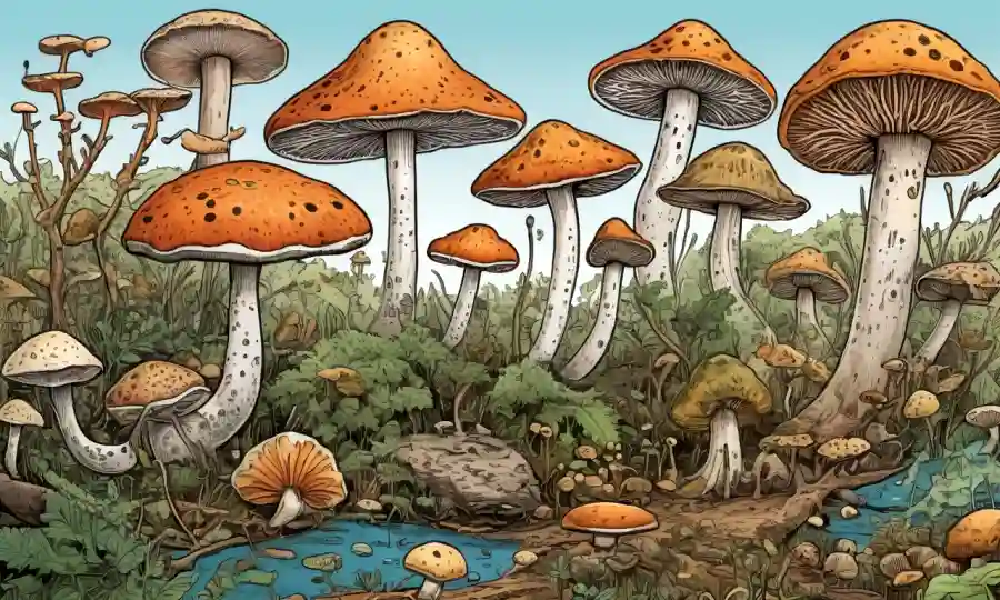 Fungi en diversos ecosistemas naturales ilustrados con microscopios y gráficos.