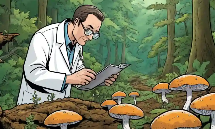 Un científico que examina una muestra de hongos en un ambiente natural.