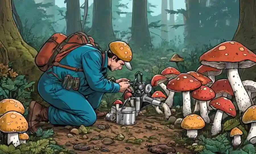Un micólogo arrodillado en medio de hongos diversos en la naturaleza, con diversos equipos y materiales de investigación.