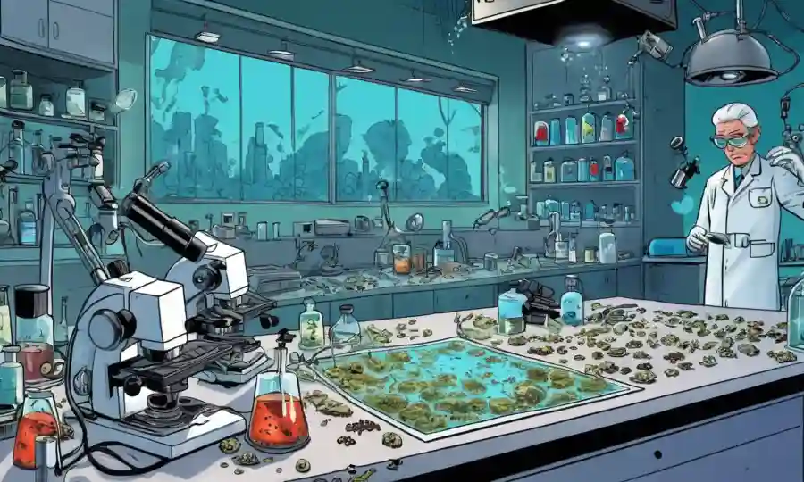 Una escena de laboratorio con microscopios y muestras de hongos.