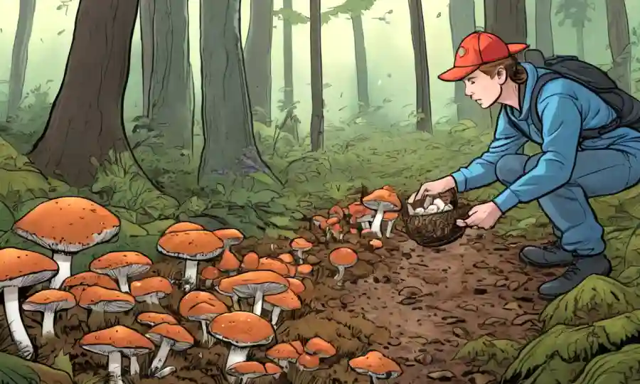 Persona coleccionando hongos del suelo forestal en un estudio observacional.