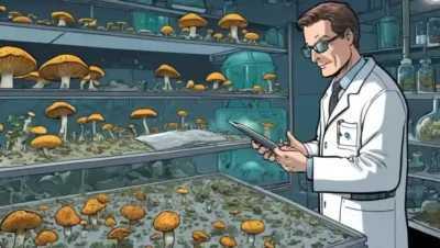 Científico examinando varias especies de hongos en laboratorio de ambientes controlados.