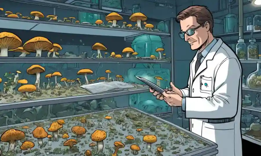Científico examinando varias especies de hongos en laboratorio de ambientes controlados.