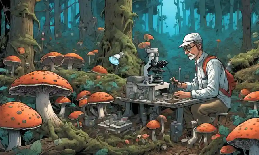 Micólogo en bosque lleno de hongos, rodeado de microscopios y equipos.