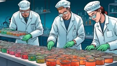 Microbiólogos que examinan platos petri llenos de culturas hongos bajo luces de laboratorio.