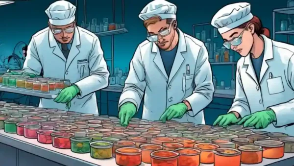 Microbiólogos que examinan platos petri llenos de culturas hongos bajo luces de laboratorio.