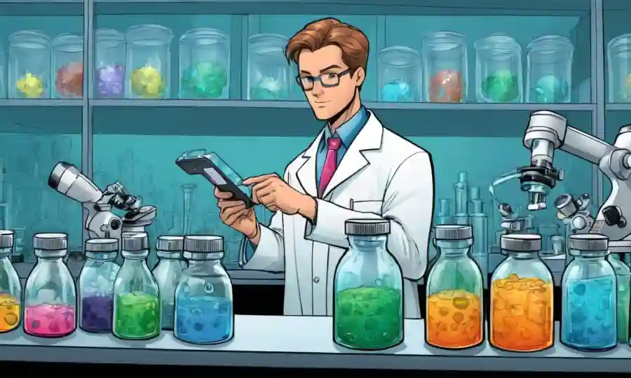 Científico en la capa de laboratorio que examina los platos petri y los microscopios.