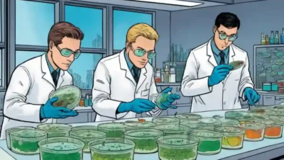 Científicos de laboratorio que estudian culturas de hongos en platos Petri entre muestras de contaminación.