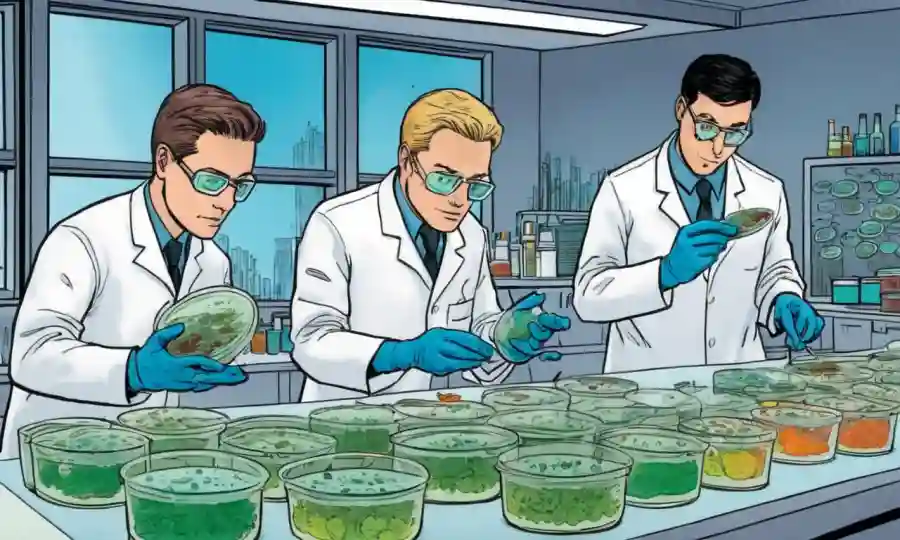 Científicos de laboratorio que estudian culturas de hongos en platos Petri entre muestras de contaminación.