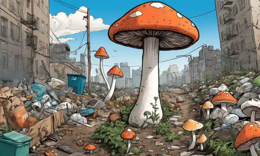 Setas que crecen entre la basura y la contaminación en un entorno urbano.