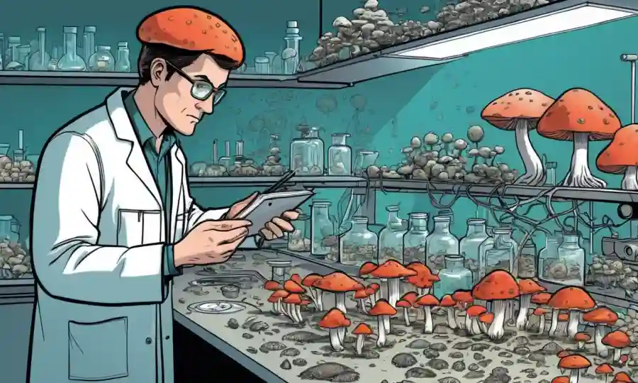 Investigador de setas trabajando en un laboratorio rodeado de muestras fúngicas y diagramas científicos.