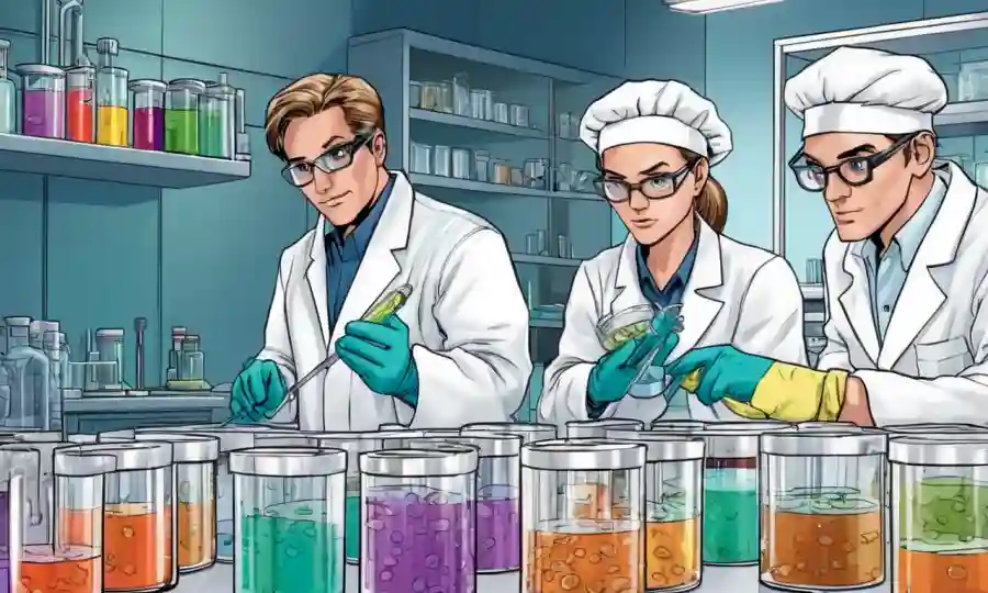 Investigadores de laboratorio que examinan platos petri con microorganismos y equipo de laboratorio.