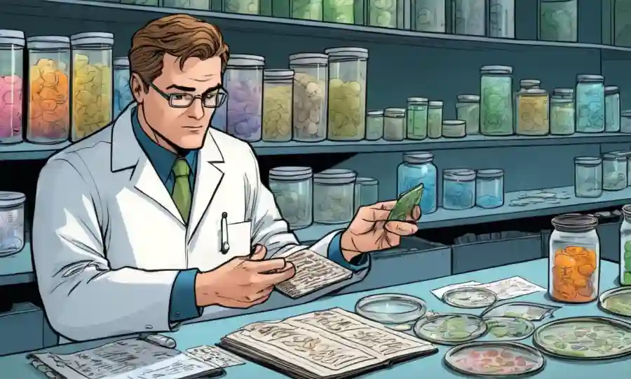 Científico examinando platos petri con muestras y notas de hongos.