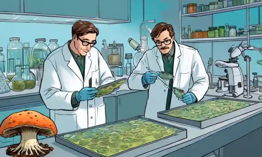 Científicos que examinan muestras de hongos en un laboratorio.