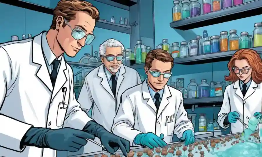 Científicos en capas de laboratorio que extraen compuestos de hongos utilizando diversos métodos.