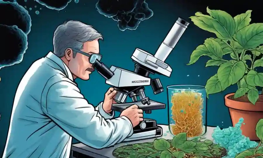 Científico que estudia microorganismos dentro de los tejidos vegetales bajo un microscopio.