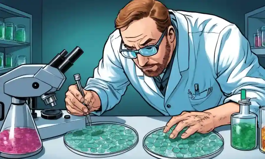 Científico de laboratorio que examina las culturas de los platos de petri bajo un microscopio.