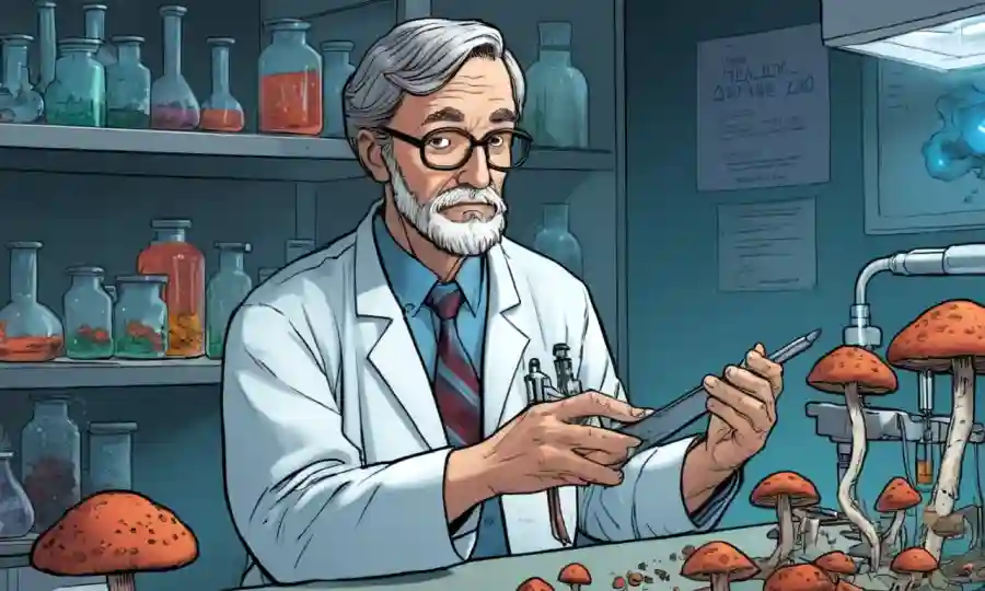 Profesor que estudia muestras de hongos en un laboratorio mientras discute la investigación actual sobre hongos tóxicos.