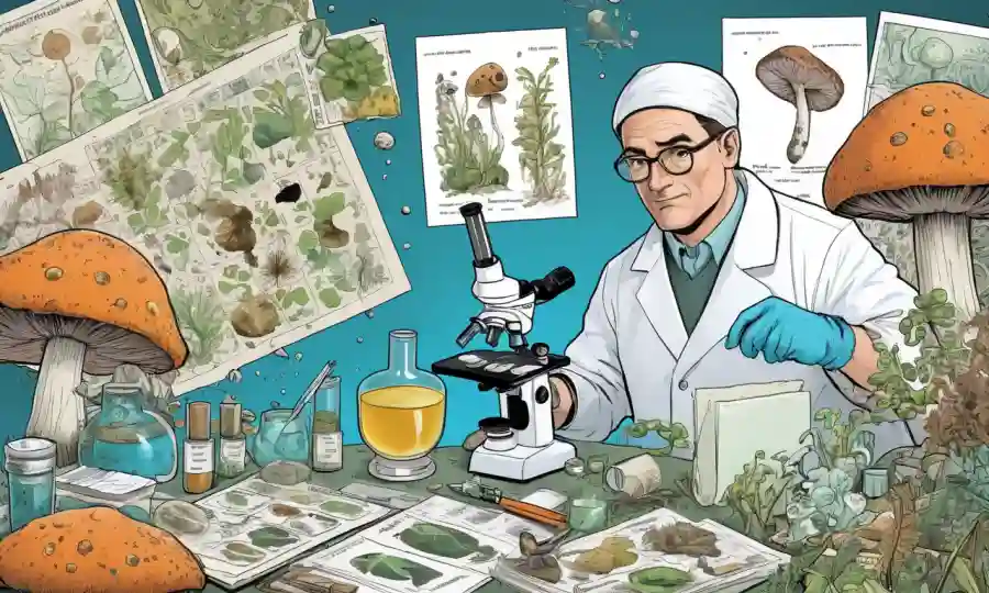 El científico lleva guantes y sostiene diapositivas de microscopio rodeadas de ilustraciones de hongos y gráficos de datos de investigación.
