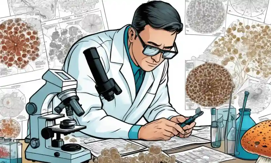 Científico que estudia muestras de hongos bajo microscopio, rodeado de gráficos de datos comparativos.