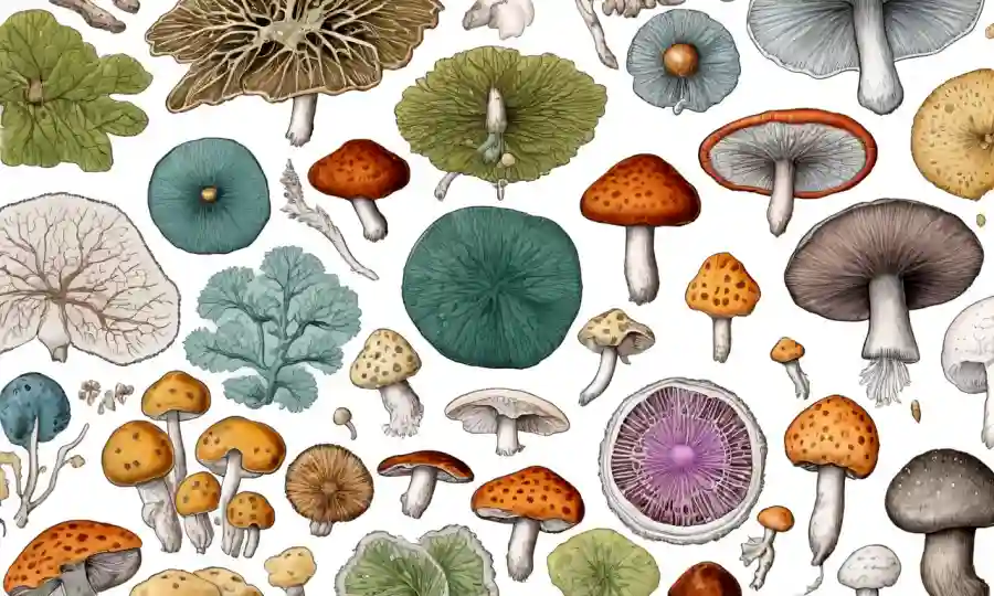 Imágenes microscópicas de diversas especies de hongos rodeados de diagramas y diagramas.