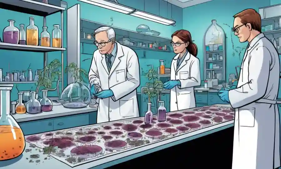 Investigadores científicos que estudian especies de hongos en un entorno de laboratorio.