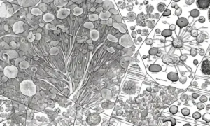 Microscopios de células de hongos medicinales en un fondo de diagramas y gráficos analíticos.