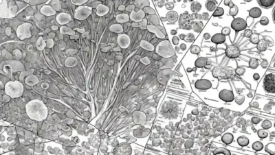 Microscopios de células de hongos medicinales en un fondo de diagramas y gráficos analíticos.