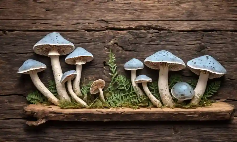 Un hongo (Trametes versicolor) en un fondo rústico de madera con notas botánicas.