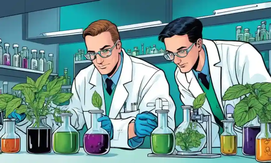 Investigadores científicos que estudian extractos de plantas en un entorno de laboratorio.