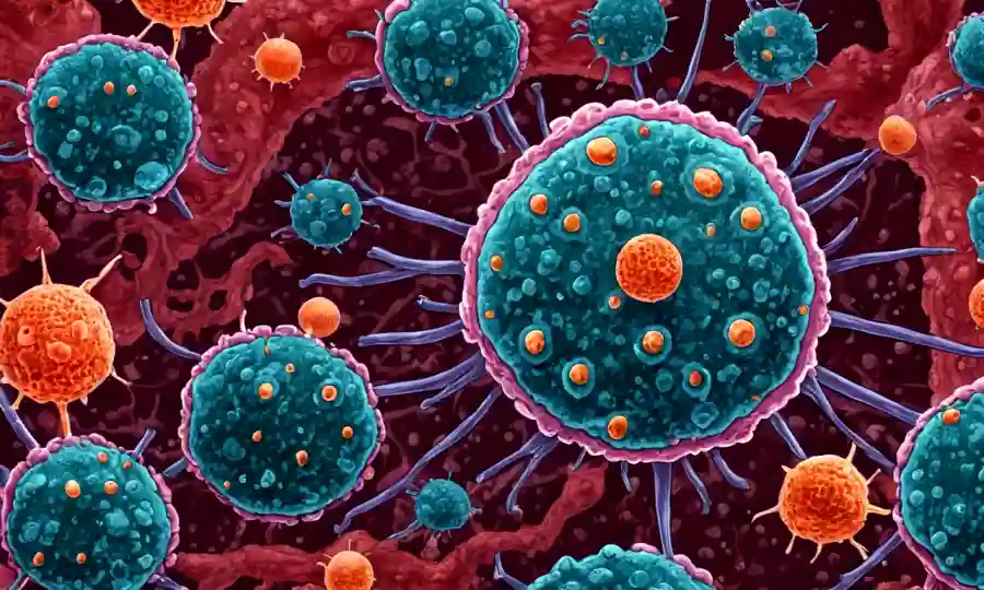 Imágenes microscópicas de células con endofitas rodeadas de equipos de tratamiento del cáncer.