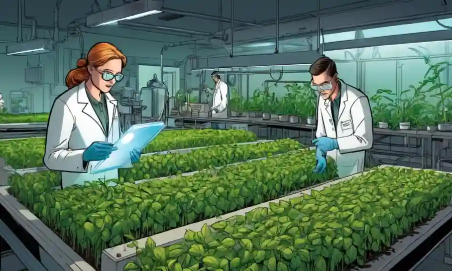 Científicos agrícolas que examinan cultivos bajo luz en un entorno de laboratorio.