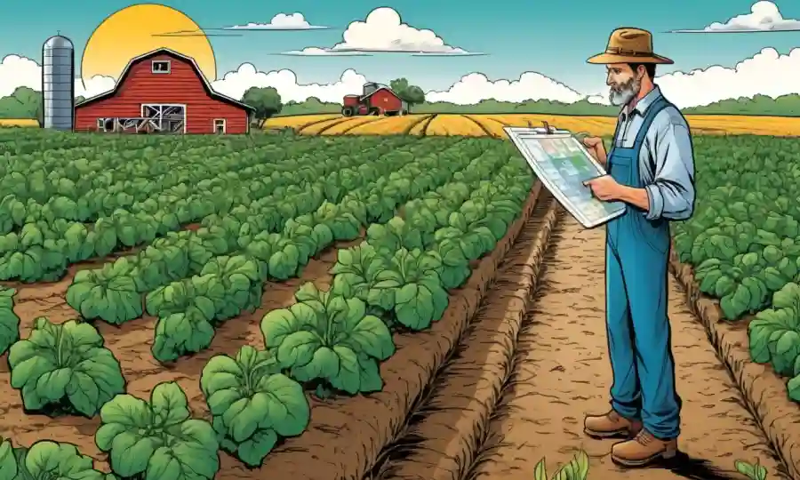 Un agricultor inspecciona una tabla de crecimiento sostenible de cultivos con herramientas de análisis de datos.