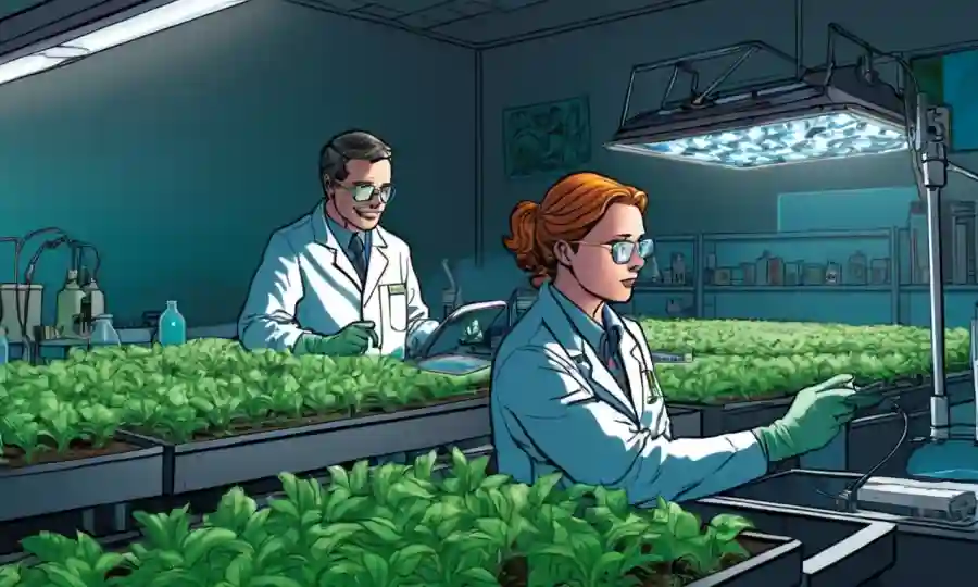 Investigadores agrícolas analizan muestras de cultivos bajo iluminación de laboratorio.