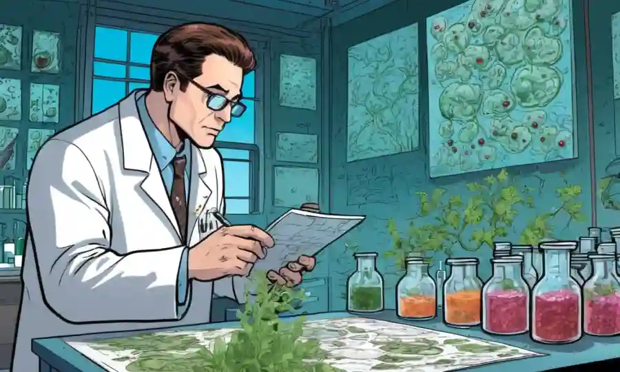 Científico que examina las culturas de laboratorio en medio de gráficos y gráficos sobre un fondo de crecimiento fúngico.