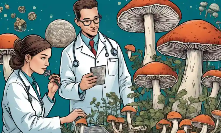 Científicos que estudian el maquillaje genético de hongos con diversos métodos de investigación y diagramas.