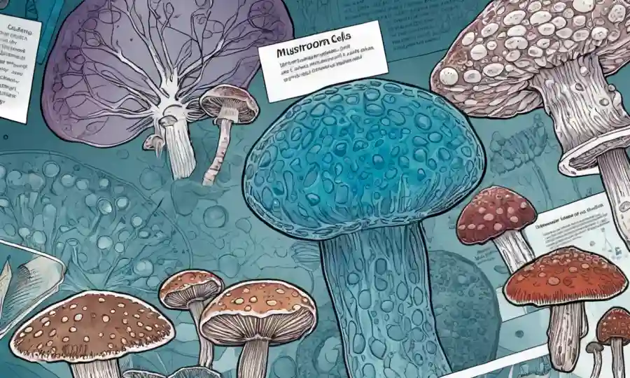 Imagen microscopio de células de hongos con diagramas genéticos y gráficos científicos en el fondo.