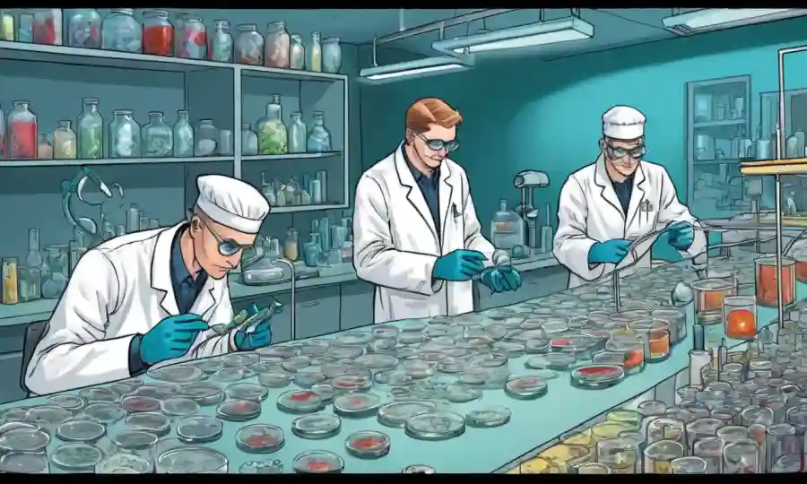 Científicos de laboratorio que trabajan con platos petri y equipos en medio de culturas fúngicas.