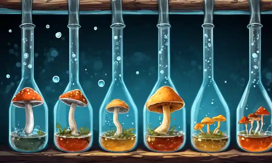 Varias muestras de hongos suspendidas en vasos de agua a diferentes temperaturas.