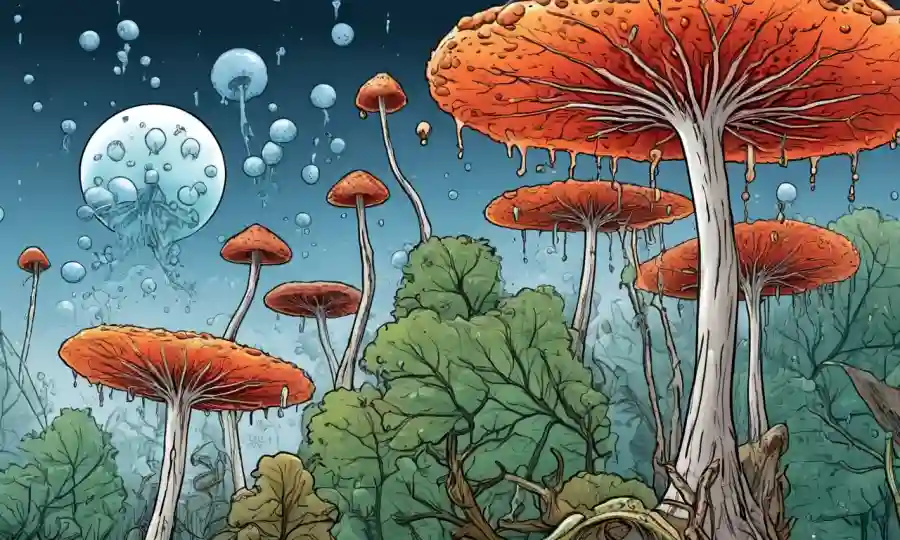 Gráfico ilustrando cómo la temperatura afecta la reproducción fúngica, con hongos microscópicos en el fondo.