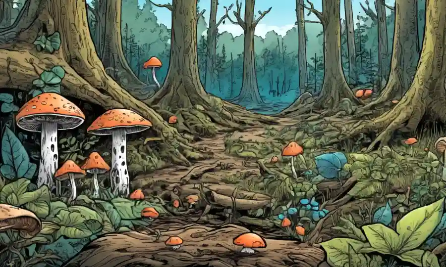hongos microscópicos ilustrados entre diversos entornos forestales y símbolos del cambio climático.