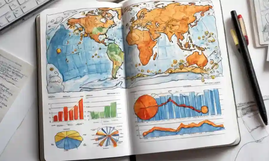 Las ilustraciones de hongos en medio de gráficos de datos de calentamiento global en un cuaderno.